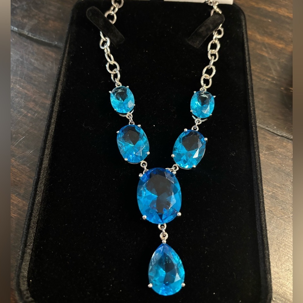 Blue Crystal Drop Statement Necklace - Women's Jewelry adjustable 18”